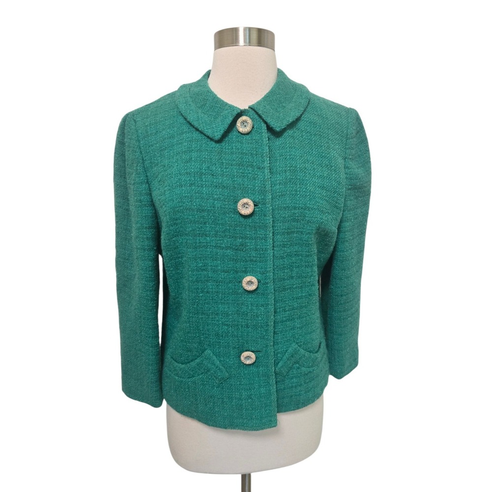 Vintage 50s Womens Blazer Jacket Montaldos Boucle Wool Button Front Green